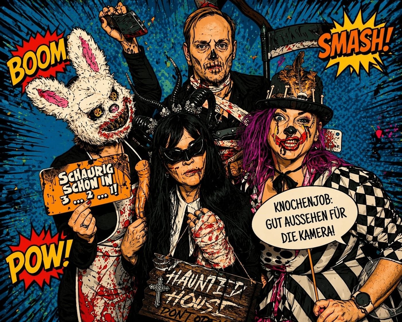 Gruppenfoto, von der KI in einen Comic-Bildstil umgerechnet