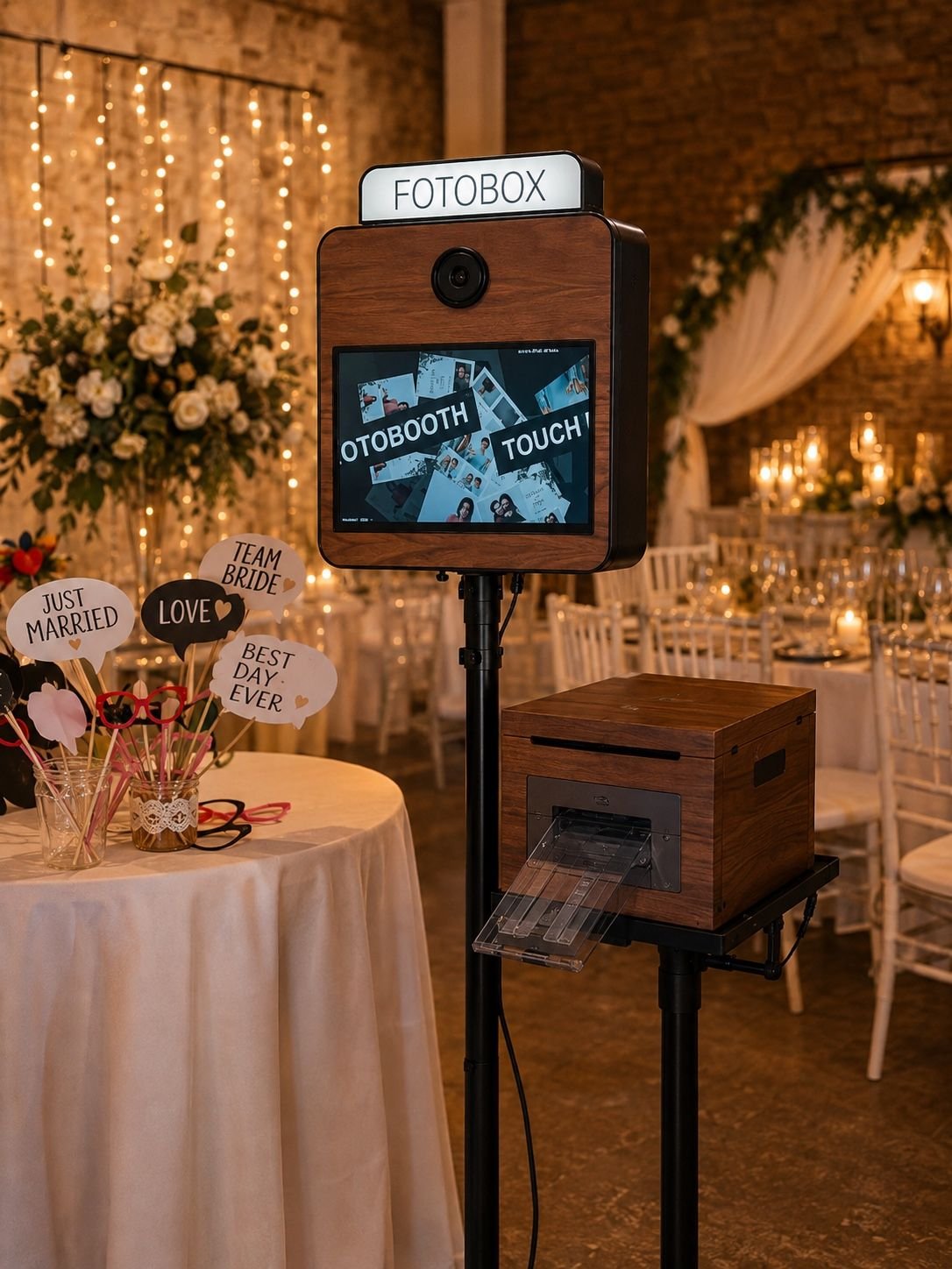 Maikoobooth Fotobox in einer Hochzeitslocation, daneben ein Tisch mit Requisitenschildern und der Drucker in seiner Holzkiste