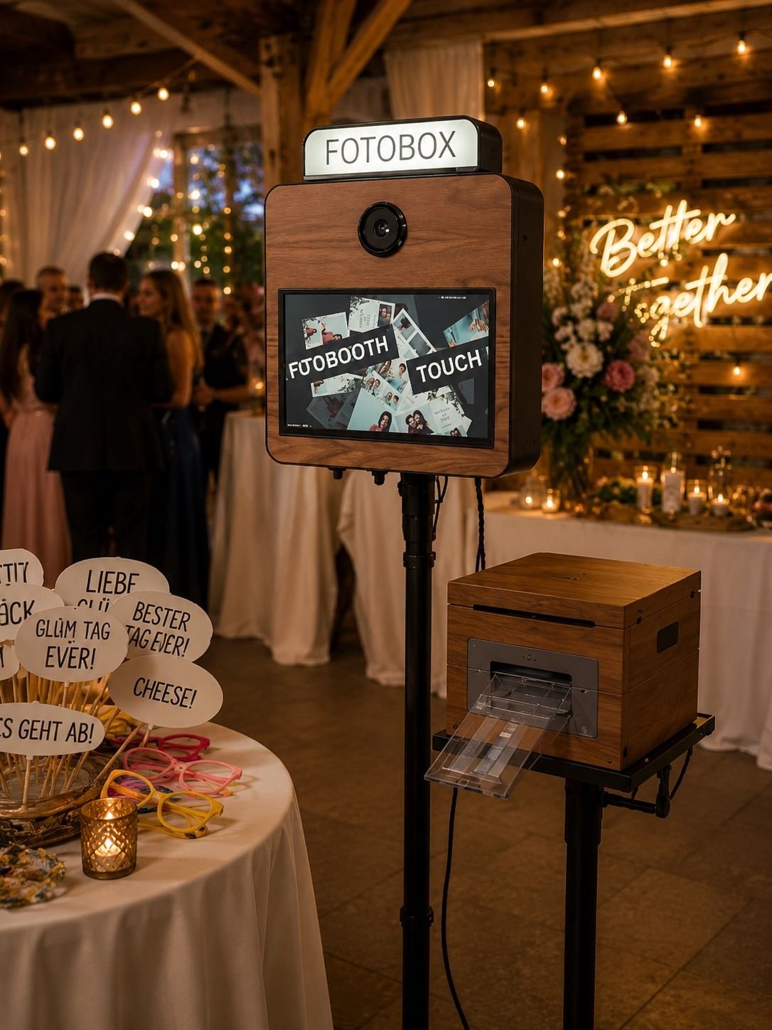 Maikoobooth Fotobox auf einer Hochzeitsfeier in einer Scheune, im Hintergrund Gäste und ein Neonschild
